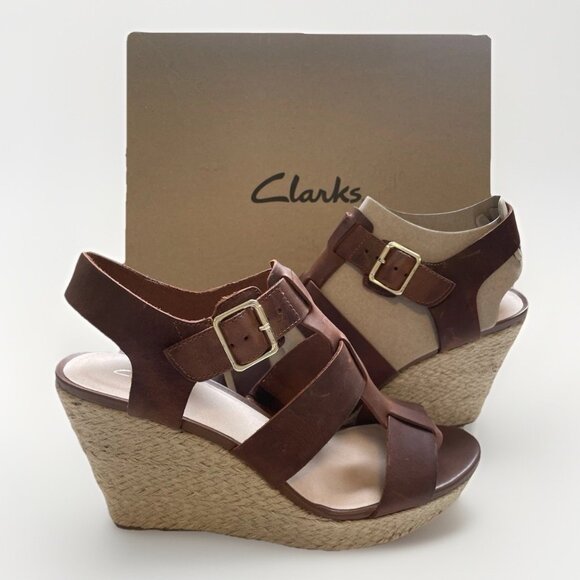 NIB Clarks Maritsa 95 Gladiator Womens Brown Leather Wedge Heel Sandal Comfort - Picture 1 of 10